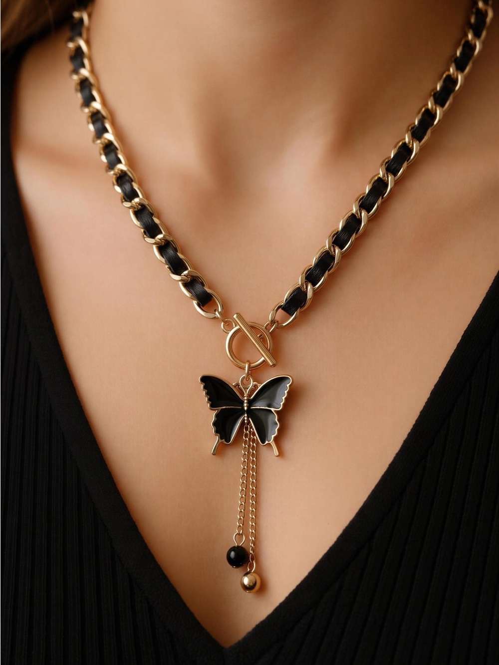 Macy's Gold-Tone Chain Necklace with Black Enamel Butterfly Charm